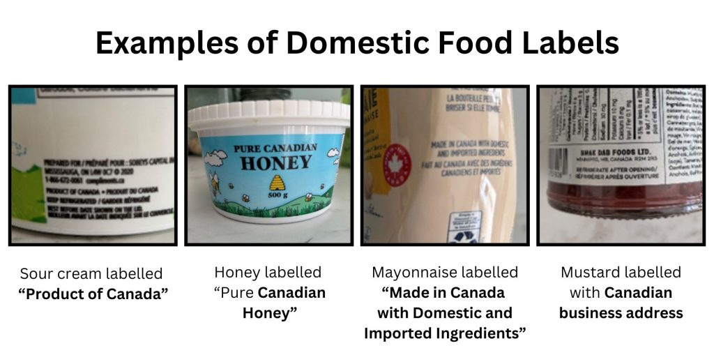 Examples of Canadian domestic food labels on honey, mayonnaise, mustard and sour cream