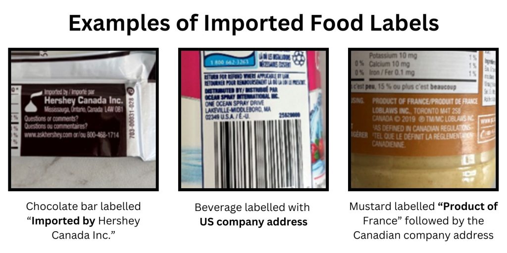 Imported food labels on a Hershey bar, beverage label, mustard label